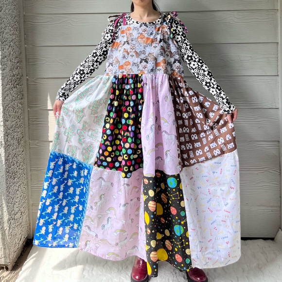 Handmade Dresses & Skirts - Arcade Dress | Handmade Tie At Shoulder Quilted Dress SKU 05047 Cats/Rainbow